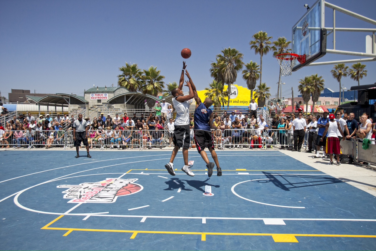 Basketball players in Venice Beach, CA, attempt to qualify for a